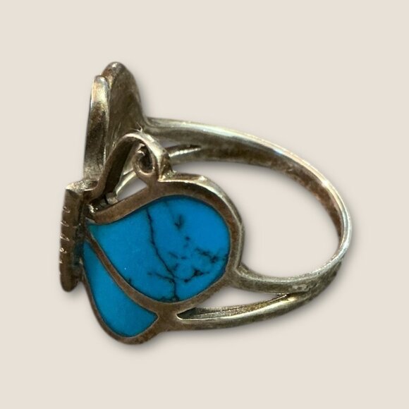 Vintage Sterling Silver Turquoise Inlaid Butterfly Ring Size 10.5 - Picture 7 of 10
